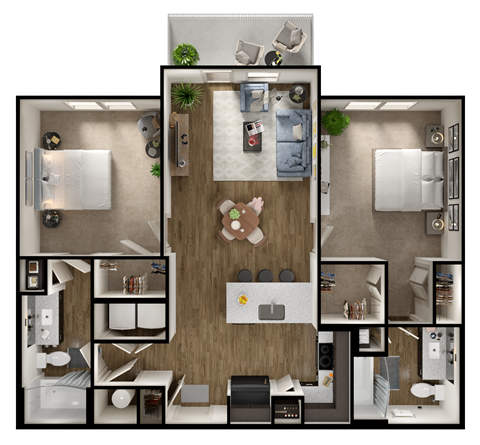 A top-down view of a small apartment layout with a kitchen, living room, and bathroom.